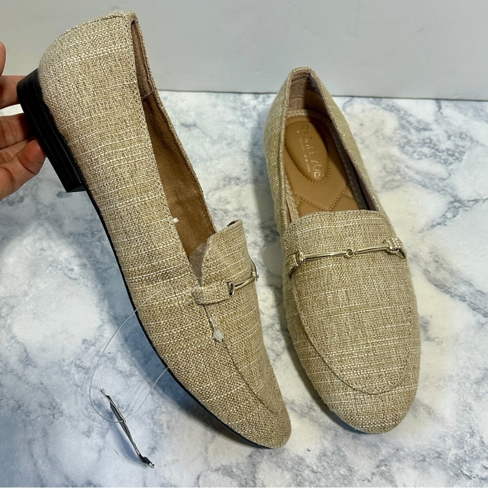 NWT Rachel Zoe tan gold tweed horsebit silver buckle flats loafers 10